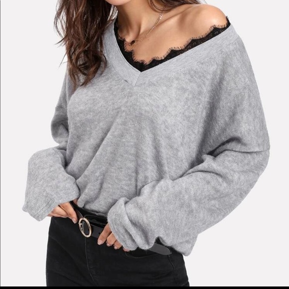 SHEIN Sweaters - SHEIN CONTRAST EYELASH LACE V-NECK SWEATER